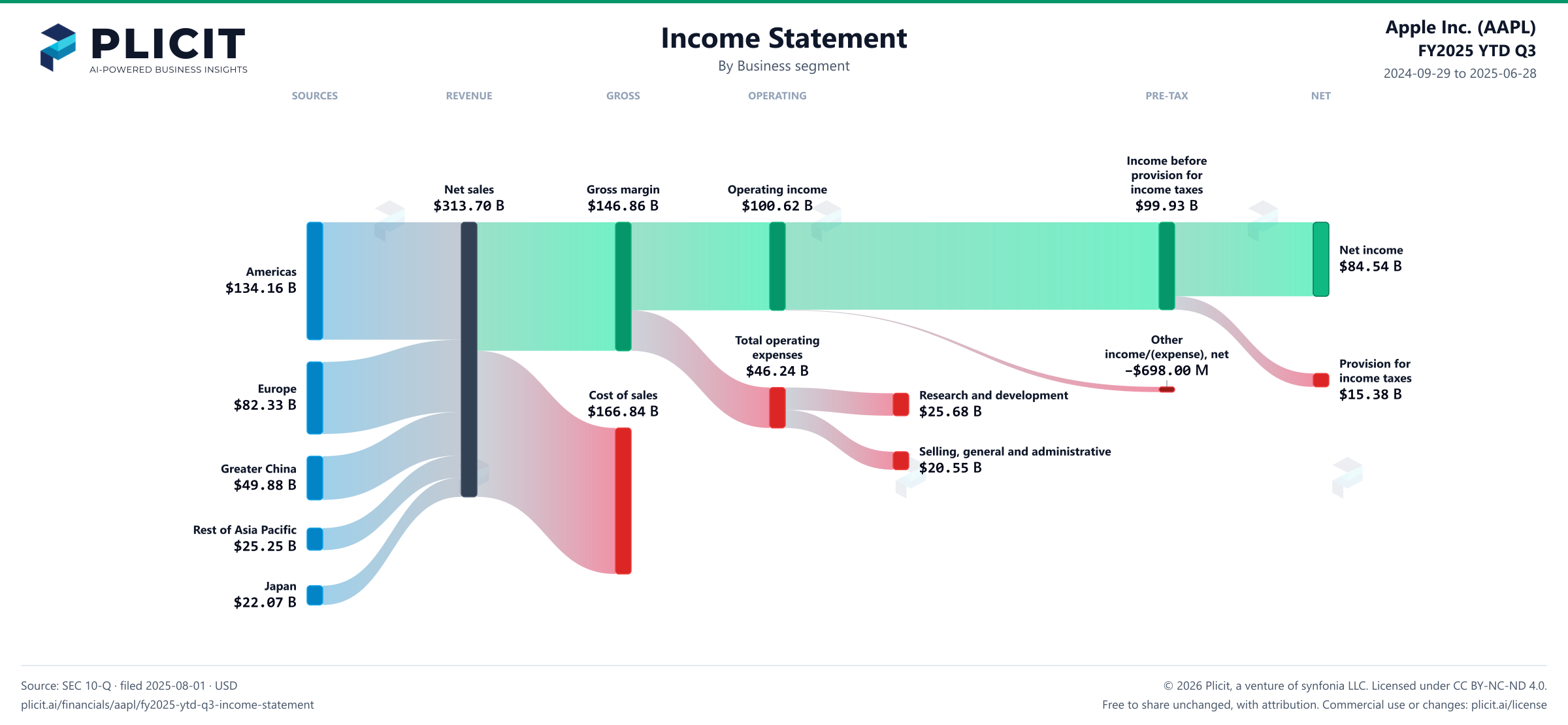 Apple Inc. (AAPL) FY2025 YTD Q3 Revenue by Business Segment Sankey chart