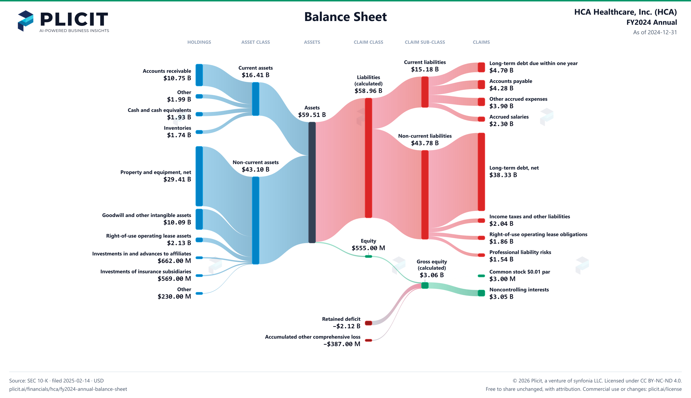 HCA Healthcare, Inc. (HCA) FY2024 Annual Balance Sheet Sankey chart