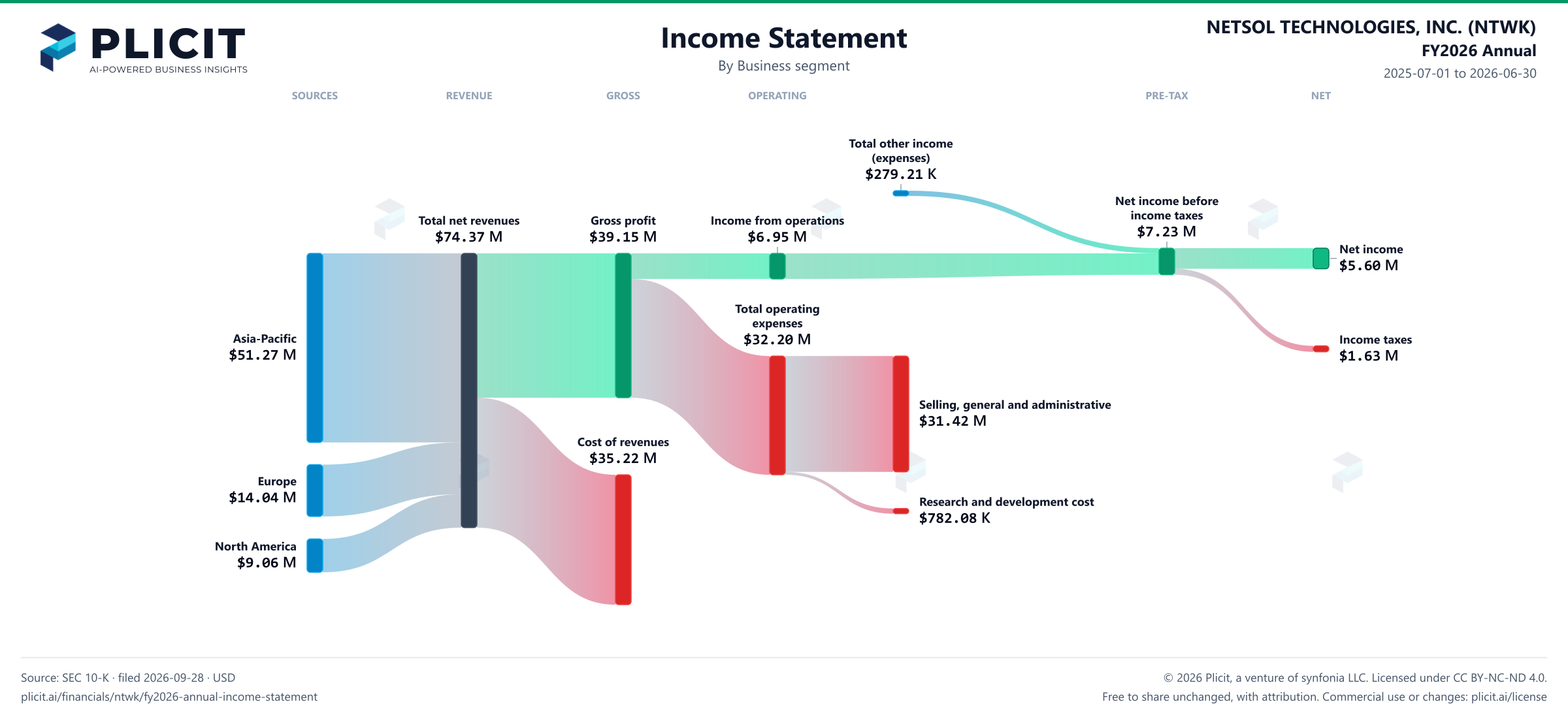 NETSOL TECHNOLOGIES, INC. (NTWK) FY2026 Annual Revenue by Business Segment Sankey chart