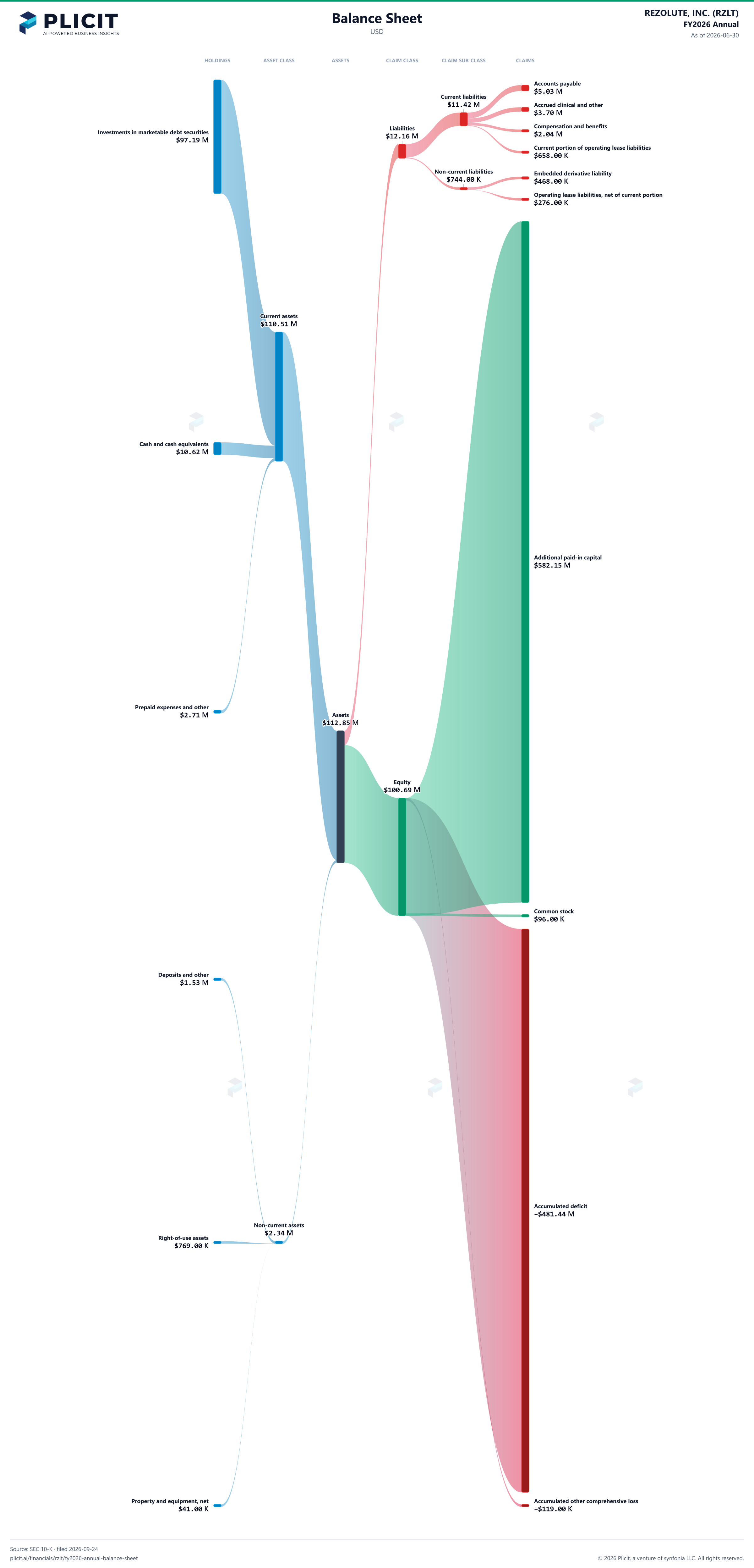 REZOLUTE, INC. (RZLT) FY2026 Annual Balance Sheet Sankey chart